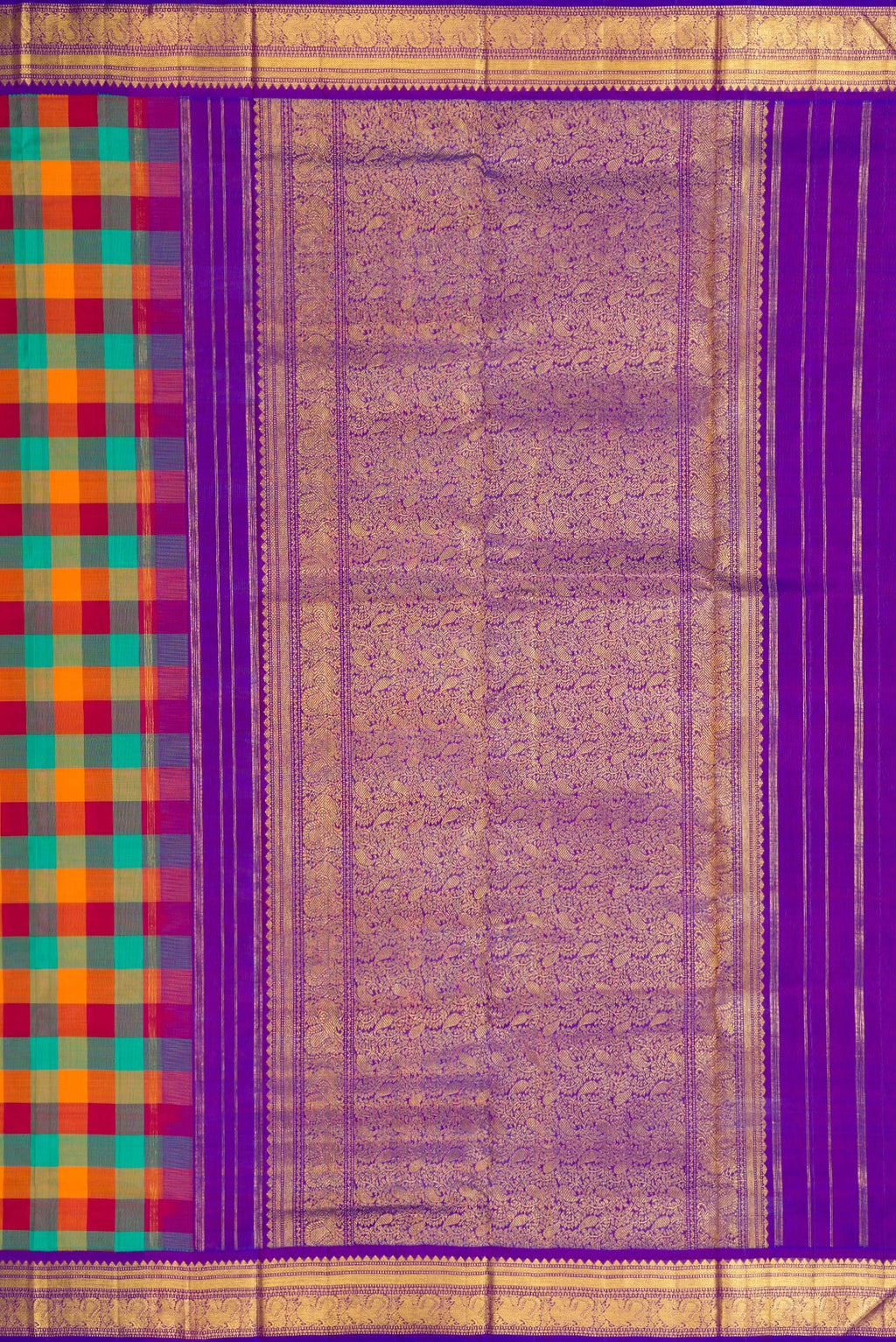 Close up image of the pallu of Pure Silk Pure Zari Green , Pink and Orange Color Kanchipuram Nine Yards Saree with Checked design on the body and Zari Border. 