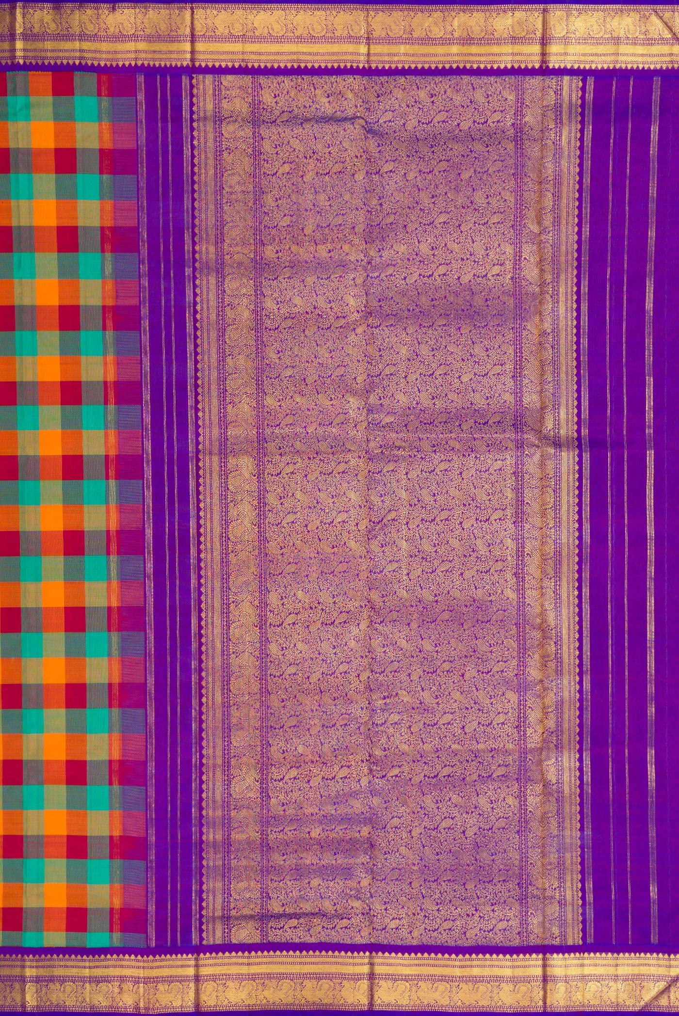 Close up image of the pallu of Pure Silk Pure Zari Green , Pink and Orange Color Kanchipuram Nine Yards Saree with Checked design on the body and Zari Border. 
