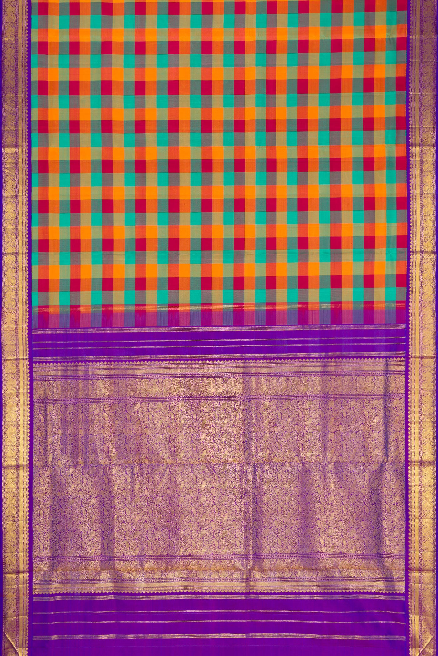 Flat view of Pure Silk Pure Zari Green , Pink and Orange Color Kanchipuram Nine Yards Saree with Checked design on the body and Zari Border. 
