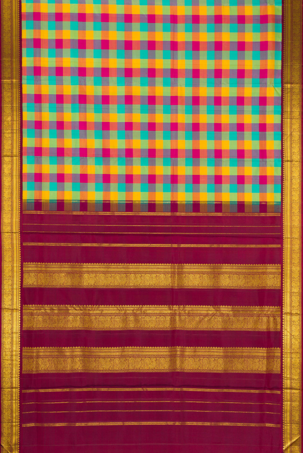 Flat view of Pure Silk Pure Zari Sea Green , Yellow and Dark PInk Color Kanchipuram Nine Yards Saree with Checked design on the body and Zari Border. 