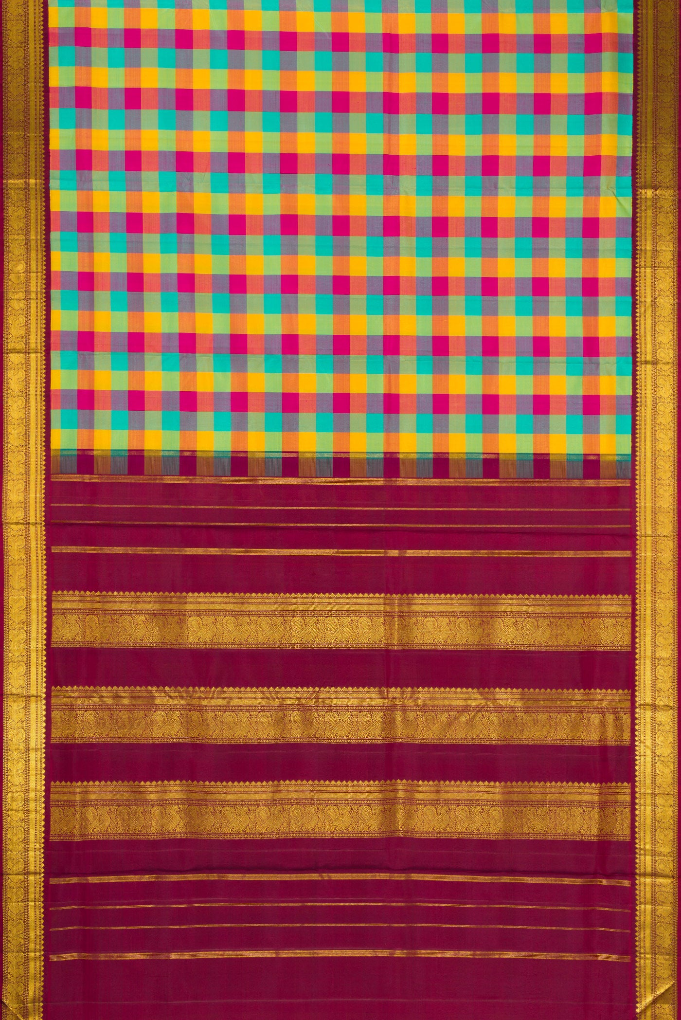 Flat view of Pure Silk Pure Zari Sea Green , Yellow and Dark PInk Color Kanchipuram Nine Yards Saree with Checked design on the body and Zari Border. 
