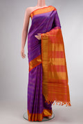 Pure Silk Pure Zari Royal Blue Dual Tone Kanjivaram Nine Yards Saree with Checked design on the body and Zari Border.  displayed on a mannequin