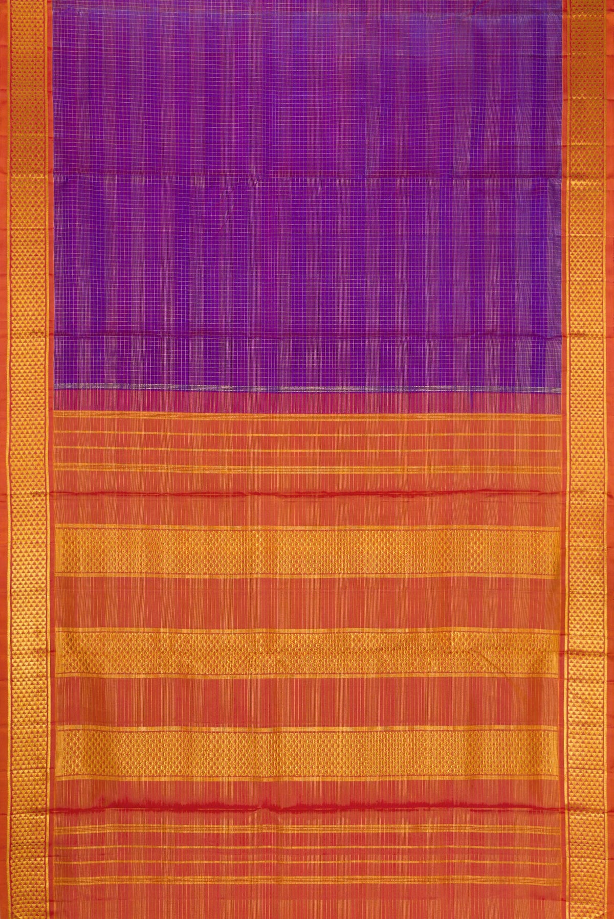 Flat view of Pure Silk Pure Zari Royal Blue Dual Tone Kanjivaram Nine Yards Saree with Checked design on the body and Zari Border. 