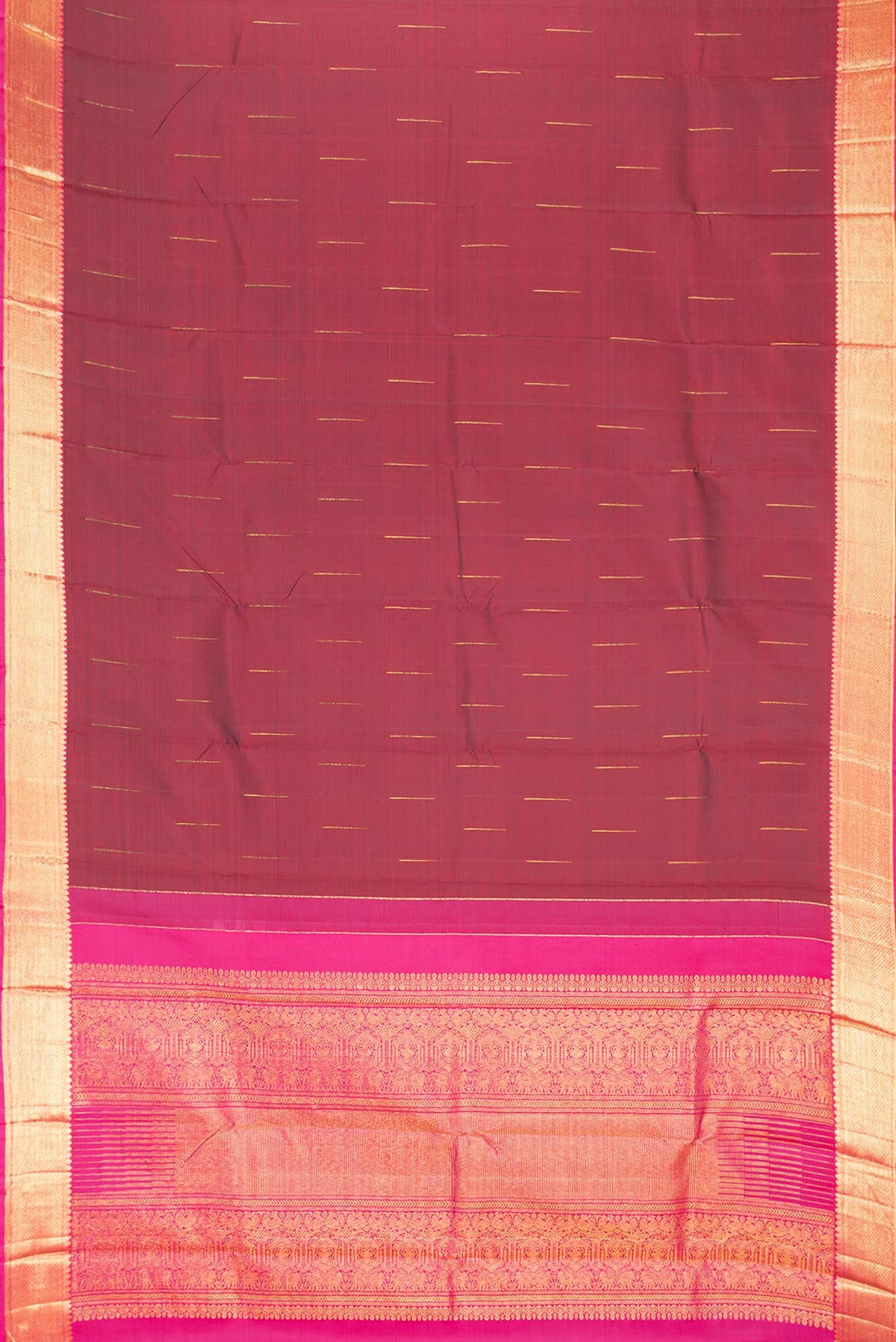 Flat view of Maroon Dual Tone Kanchipuram Saree with Zari Butta on the body and Zari Border