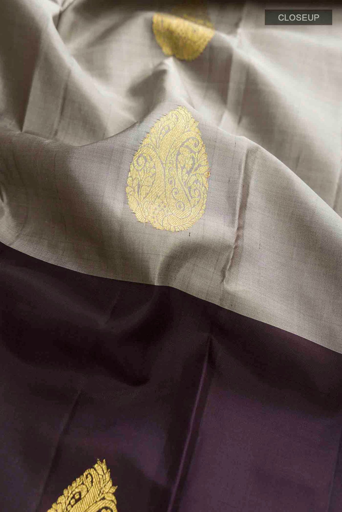 Close up of Multi Color Kanchipuram Silk Saree with Half And Half on the body and Zari Border displaying folds