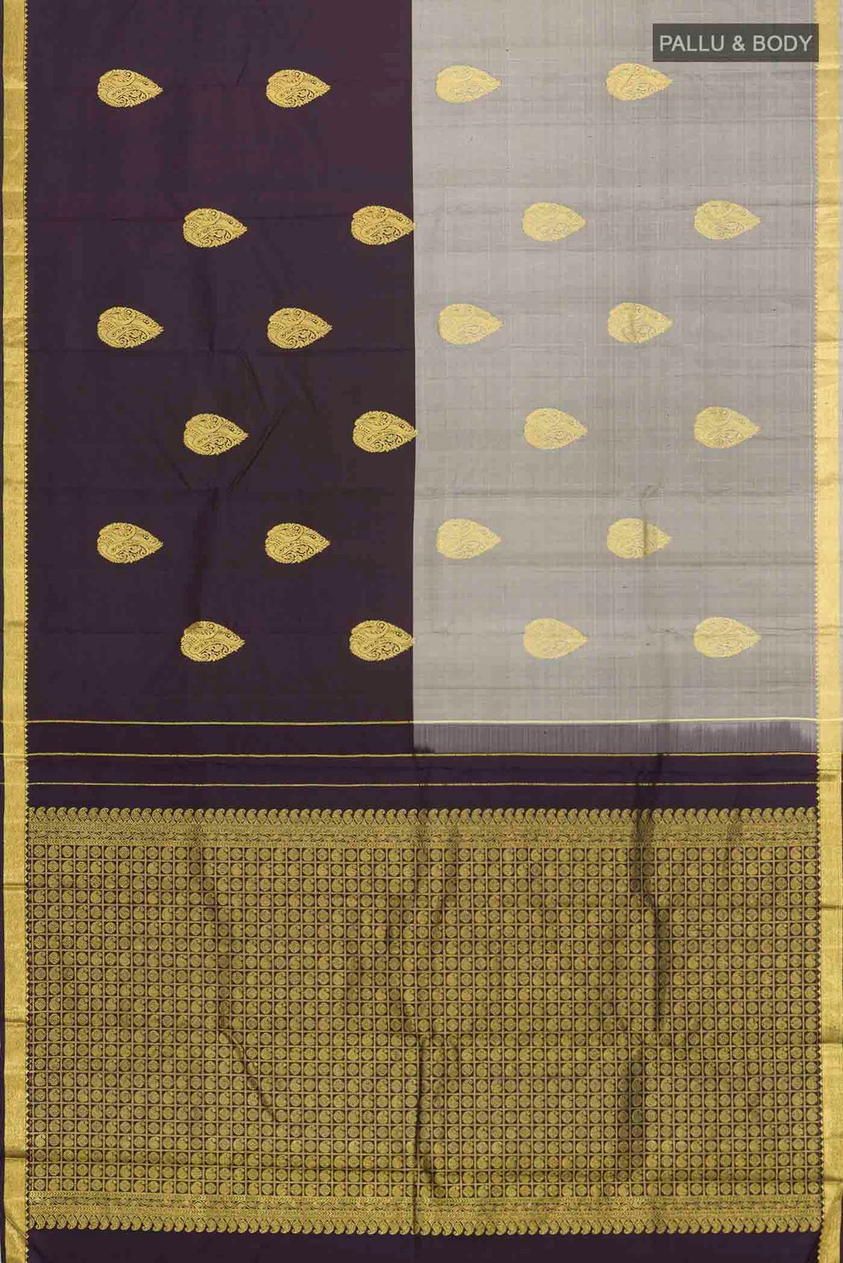 Flat view of Multi Color Kanchipuram Silk Saree with Half And Half on the body and Zari Border