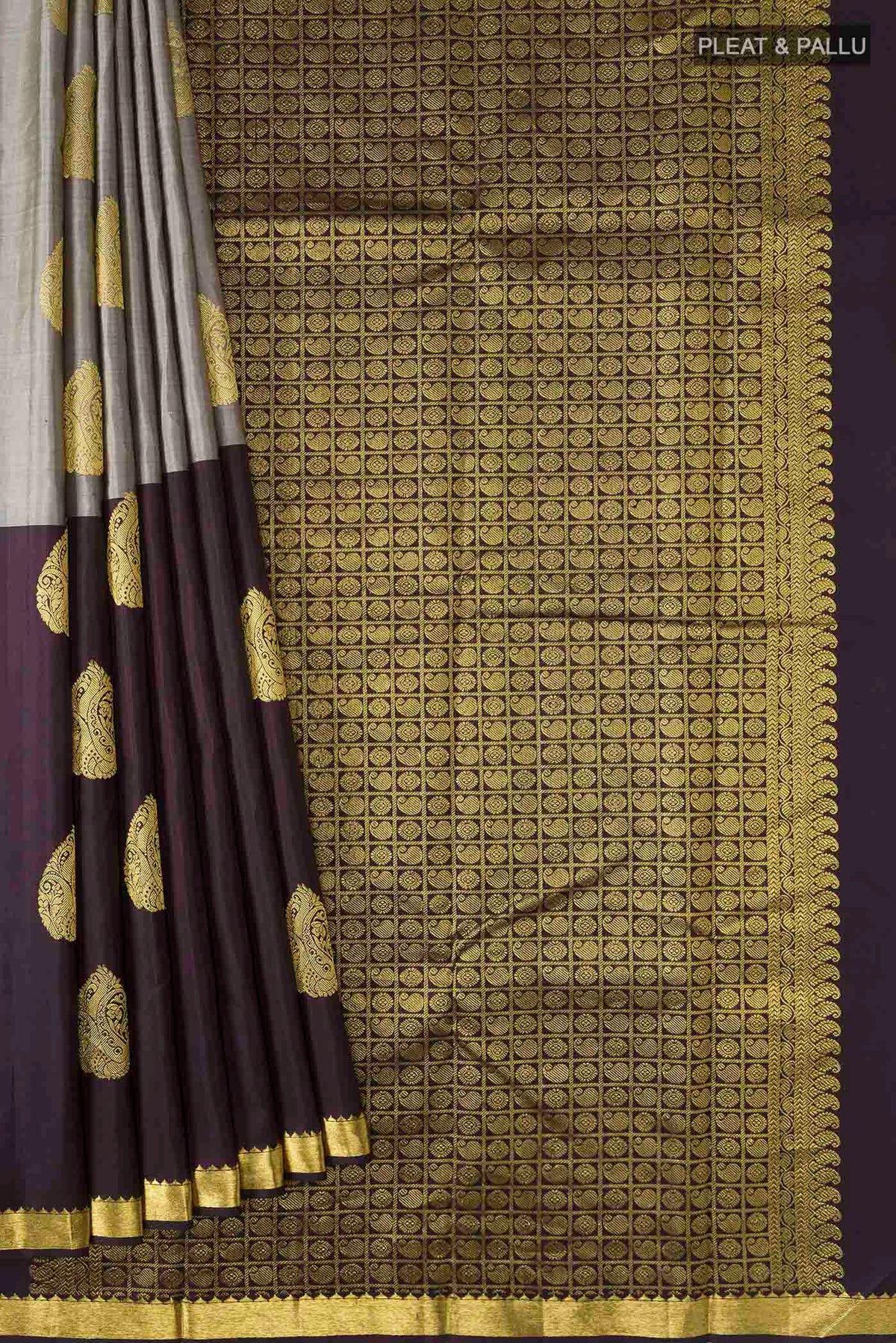 Pleats and pallu of Multi Color Kanchipuram Silk Saree with Half And Half on the body and Zari Border