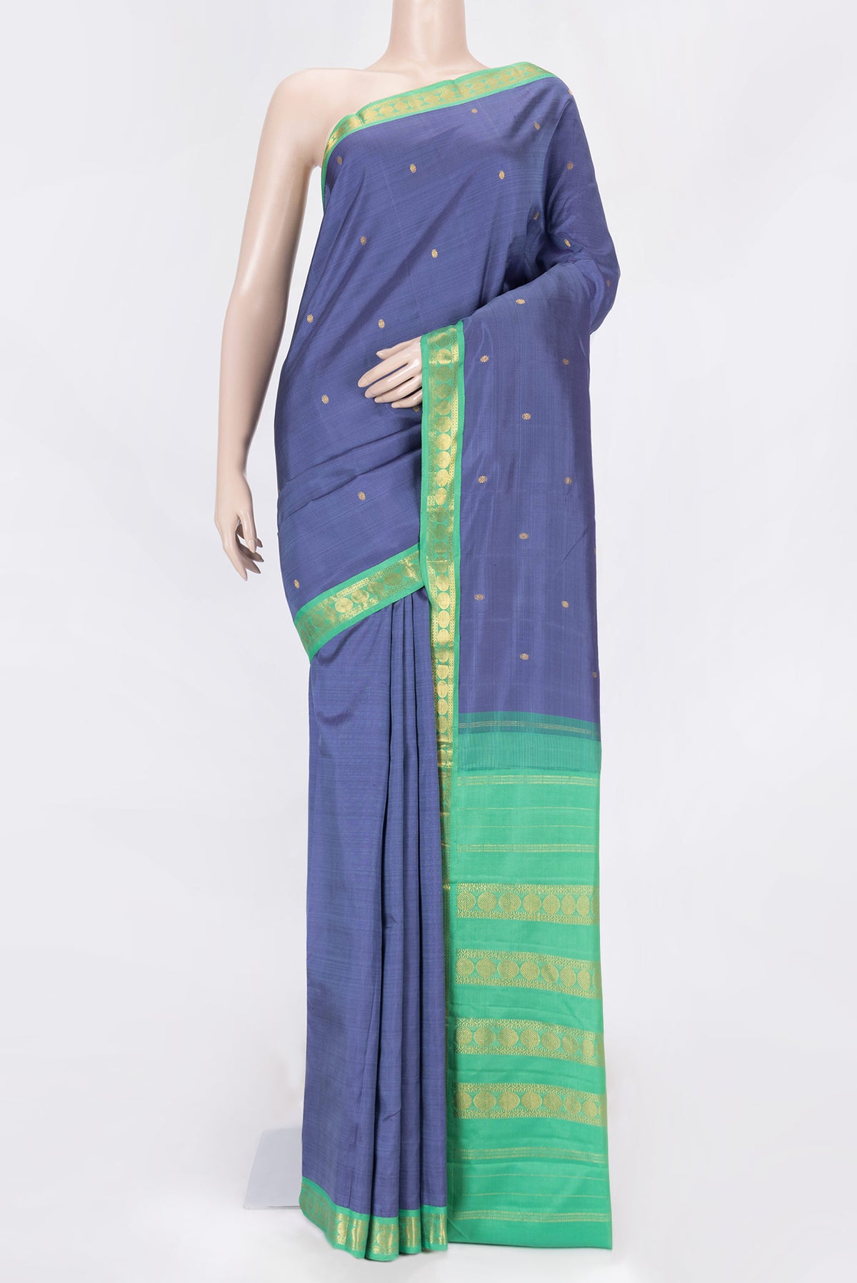 Blue Dual Tone Kanchipuram Saree with Zari Butta on the body and Zari Border displayed on a mannequin