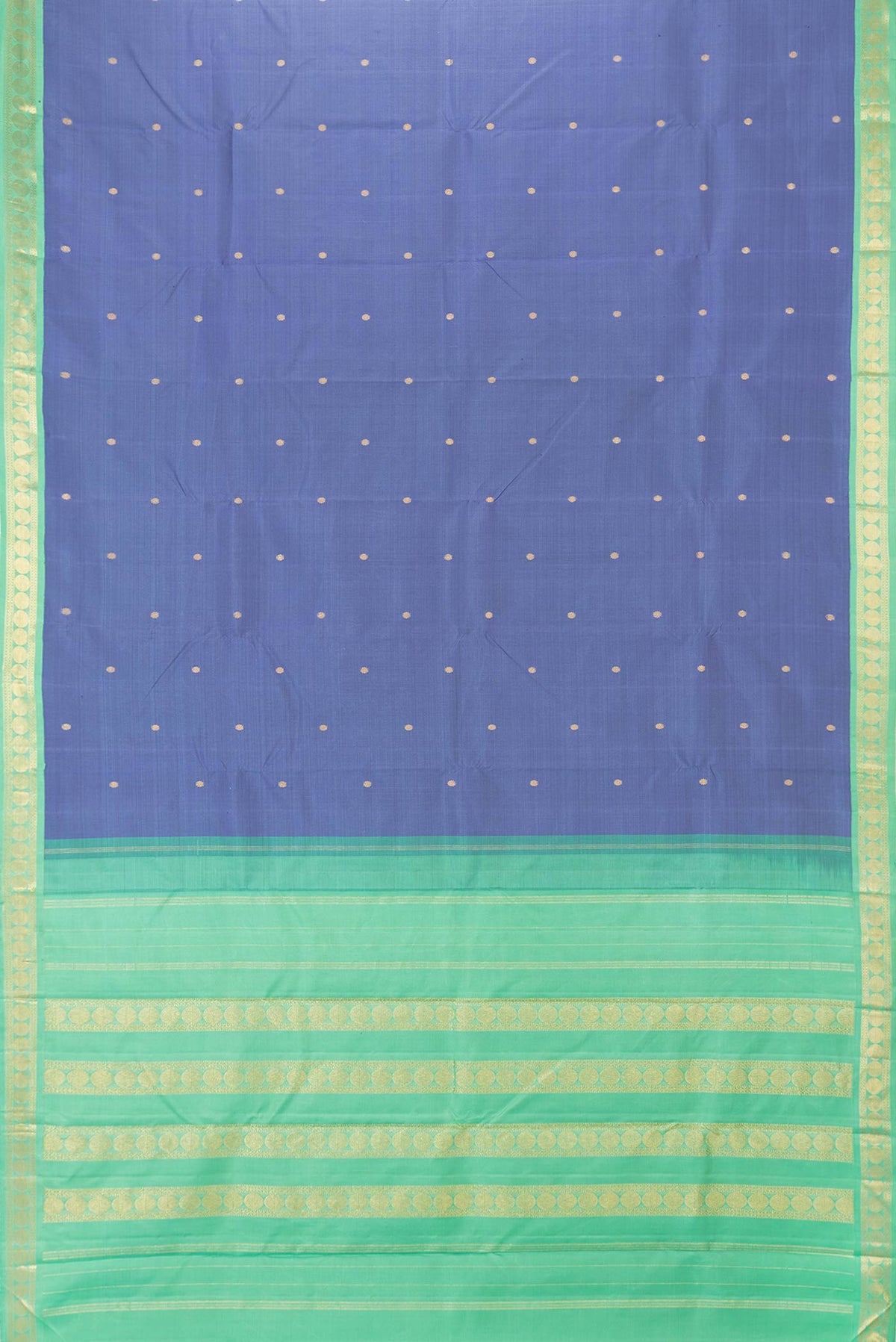 Flat view of Blue Dual Tone Kanchipuram Saree with Zari Butta on the body and Zari Border