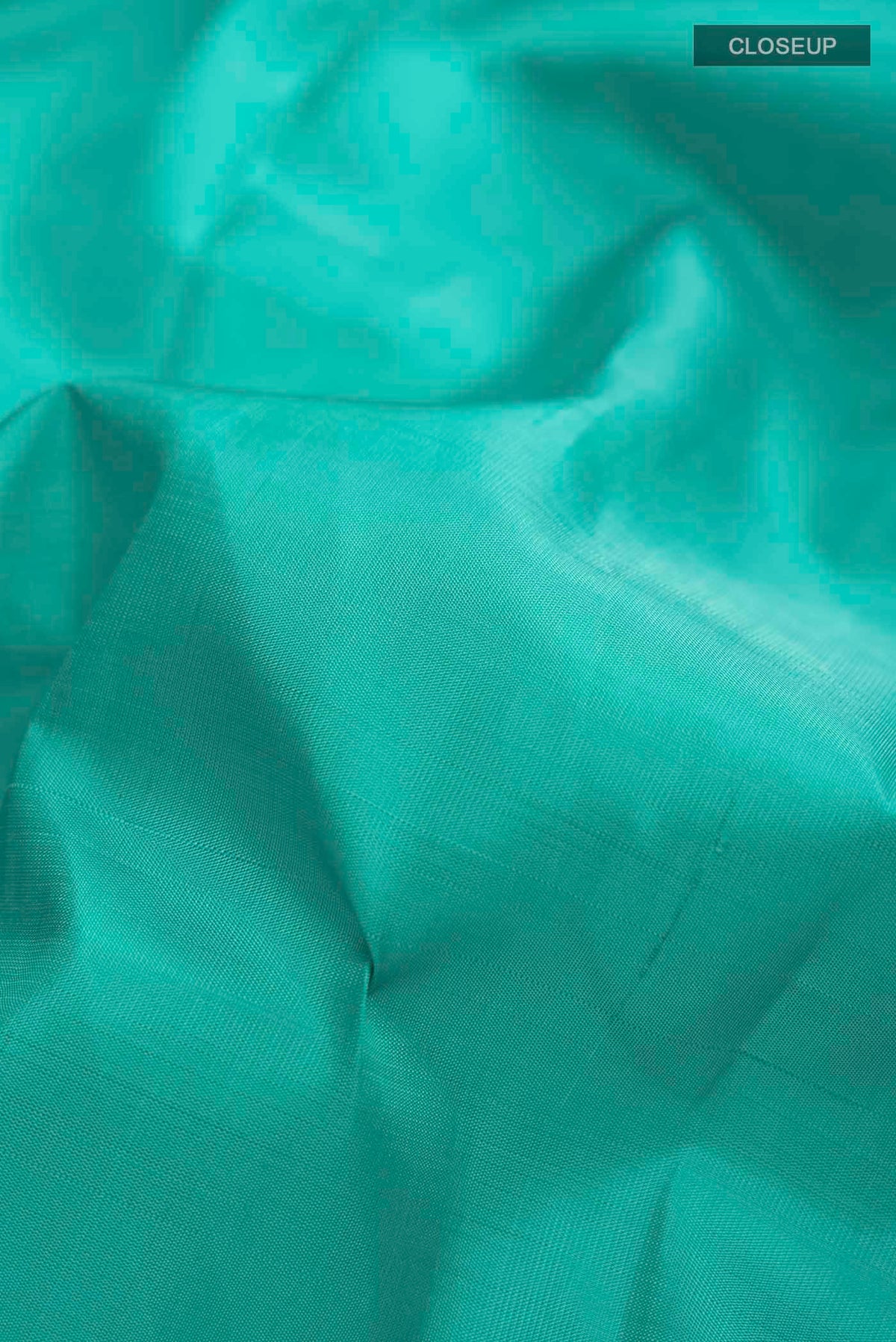 Close up of Green Kanchipuram Silk Saree with Plain Body and Zari Border displaying folds