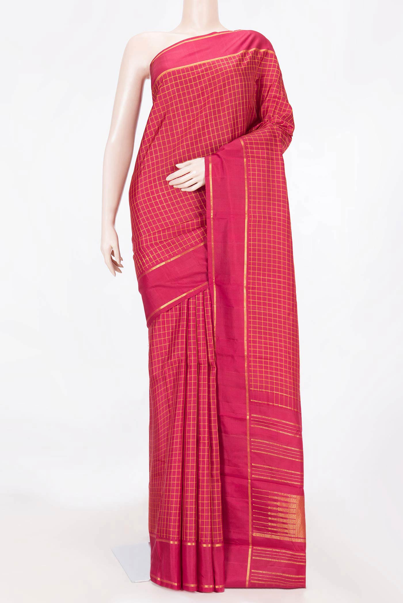 Maroon Dual Tone Kanchipuram Saree with Checked design on the body and Zari Border displayed on a mannequin