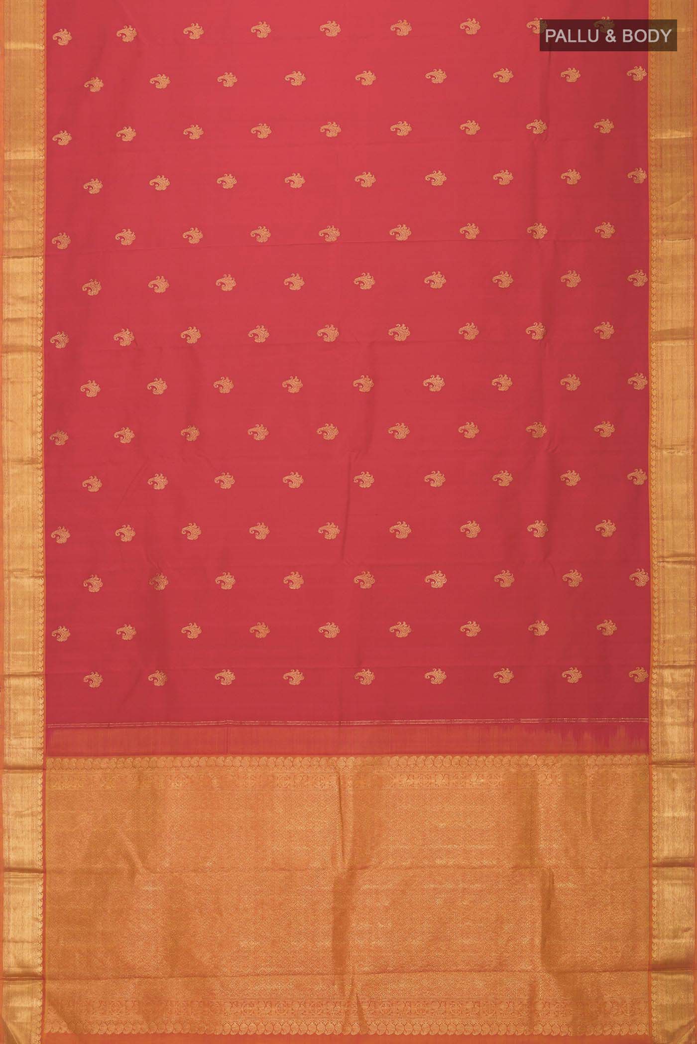 Flat view of Red Kanchipuram Silk Saree with Zari Butta on the body and Zari Border