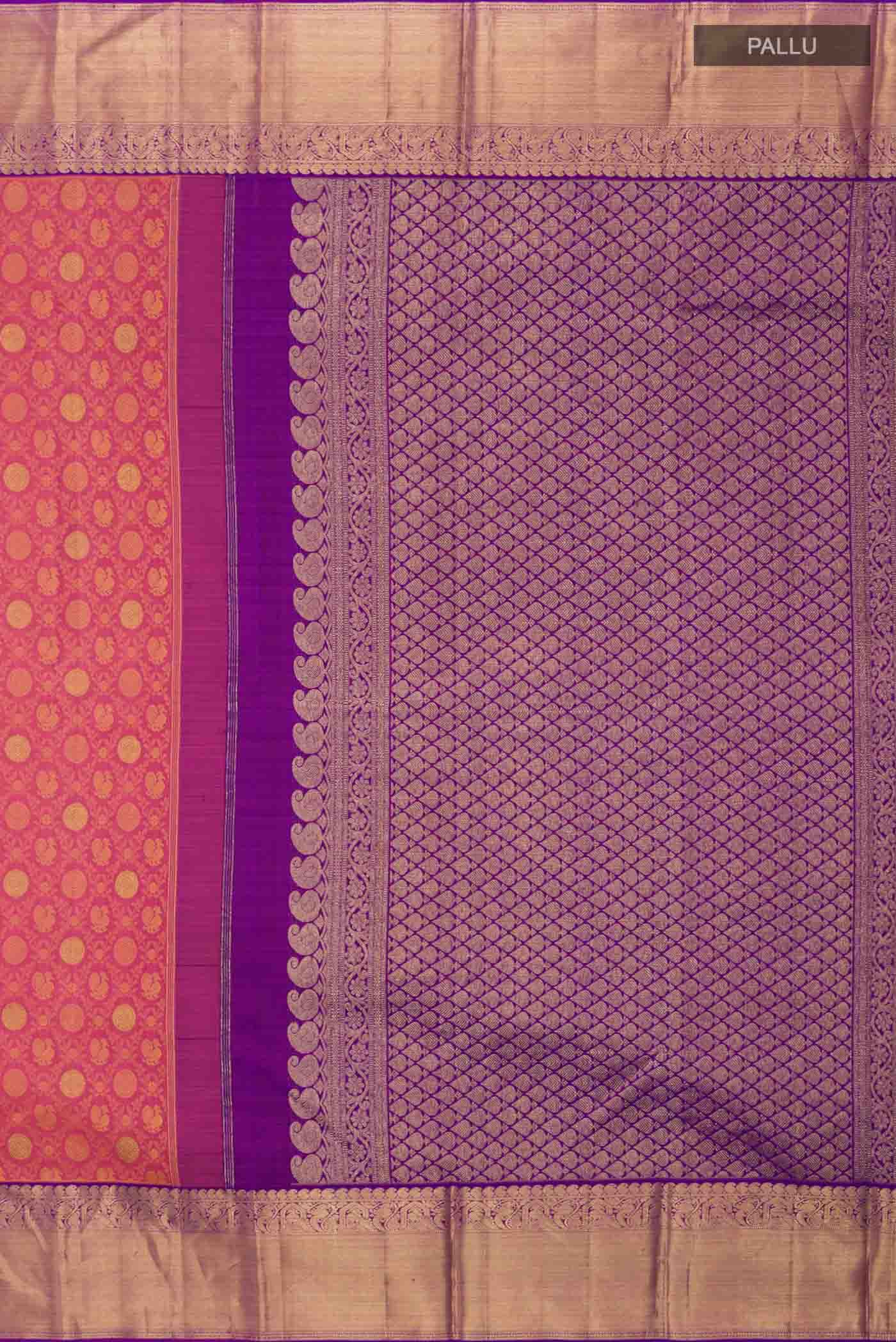 Close up image of the pallu of Pink Kanchipuram Silk Saree with Jacquard With Zari Butta on the body and Zari Border