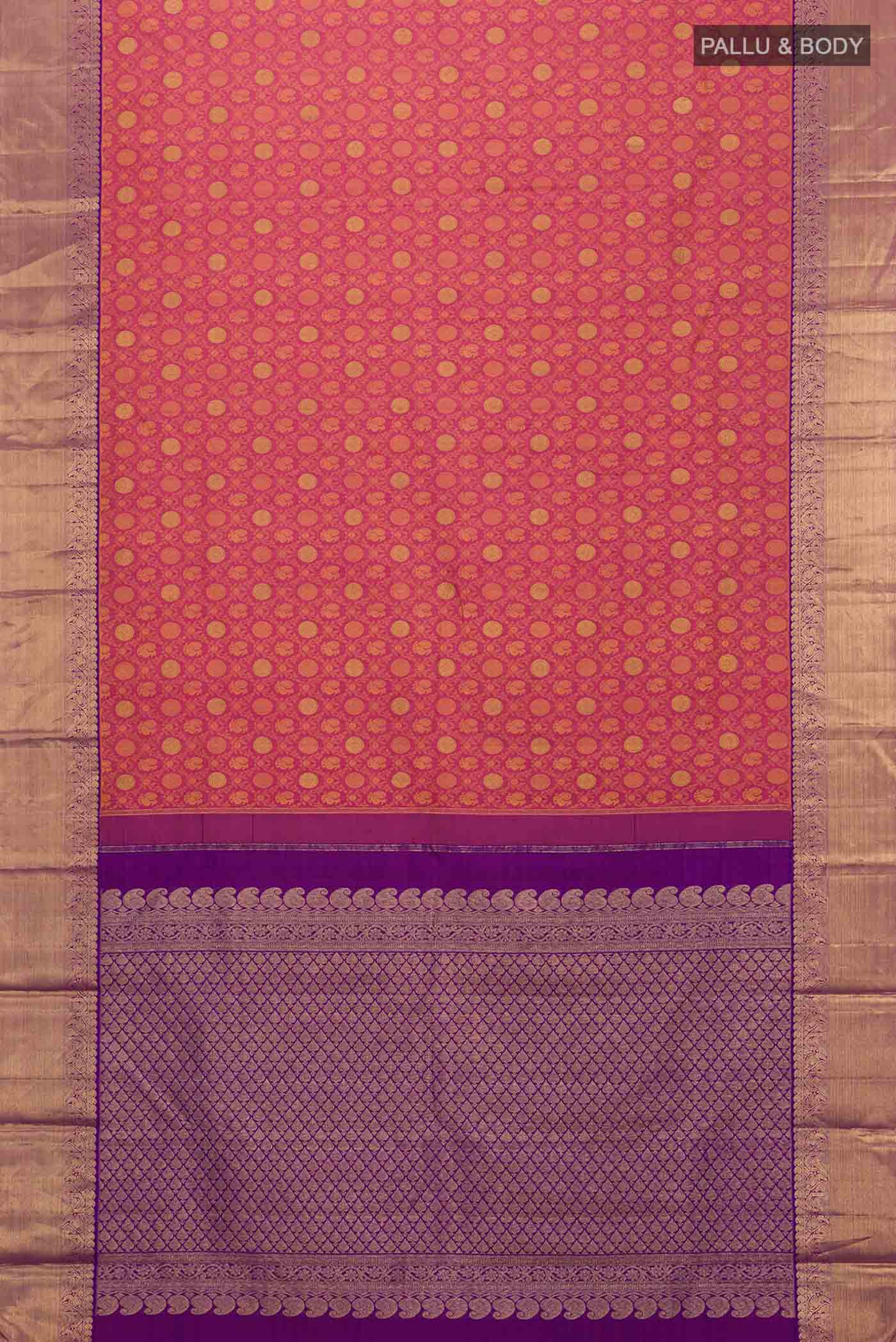 Flat view of Pink Kanchipuram Silk Saree with Jacquard With Zari Butta on the body and Zari Border
