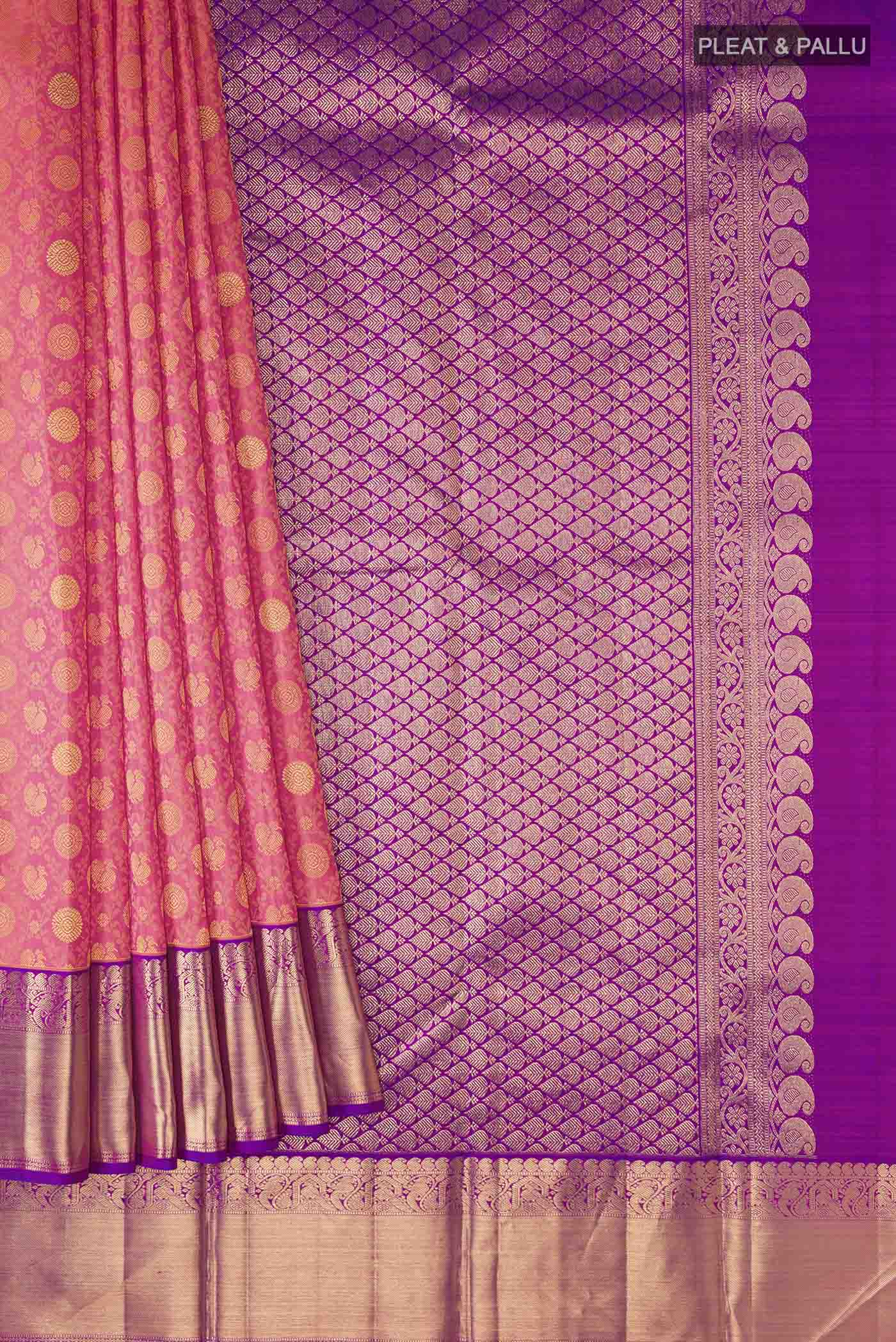 Pleats and pallu of Pink Kanchipuram Silk Saree with Jacquard With Zari Butta on the body and Zari Border