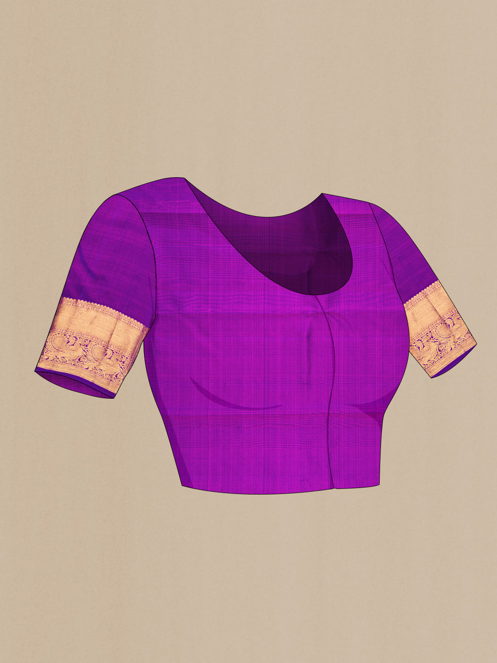 Close up image of the blouse of Purple Dual Tone Kanchipuram Silk Saree with Zari Brocade on the body and Zari Border. 