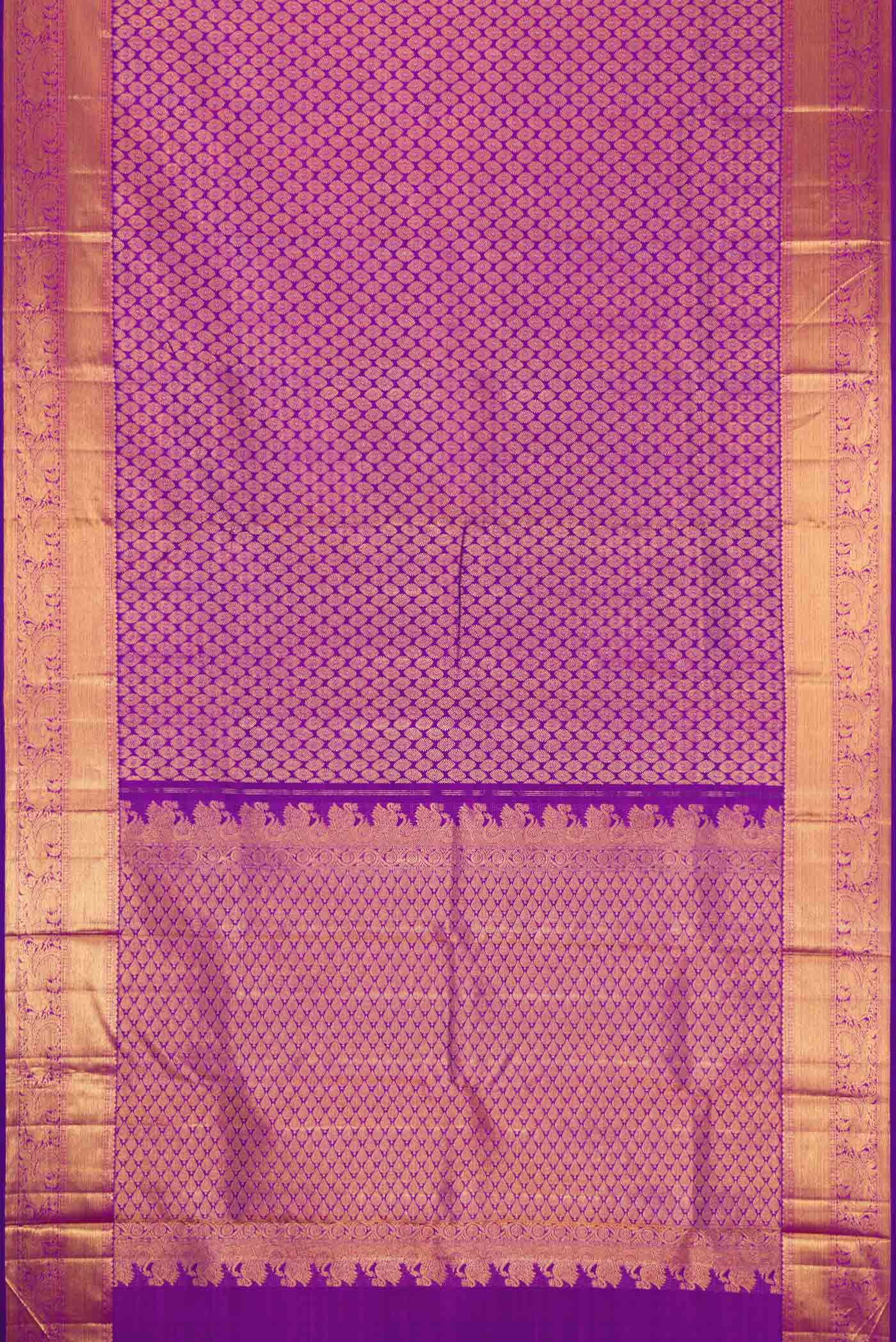 Flat view of Purple Dual Tone Kanchipuram Silk Saree with Zari Brocade on the body and Zari Border. 