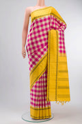Multi Color Kanchipuram Silk Saree with Checked design on the body and Thread Border displayed on a mannequin