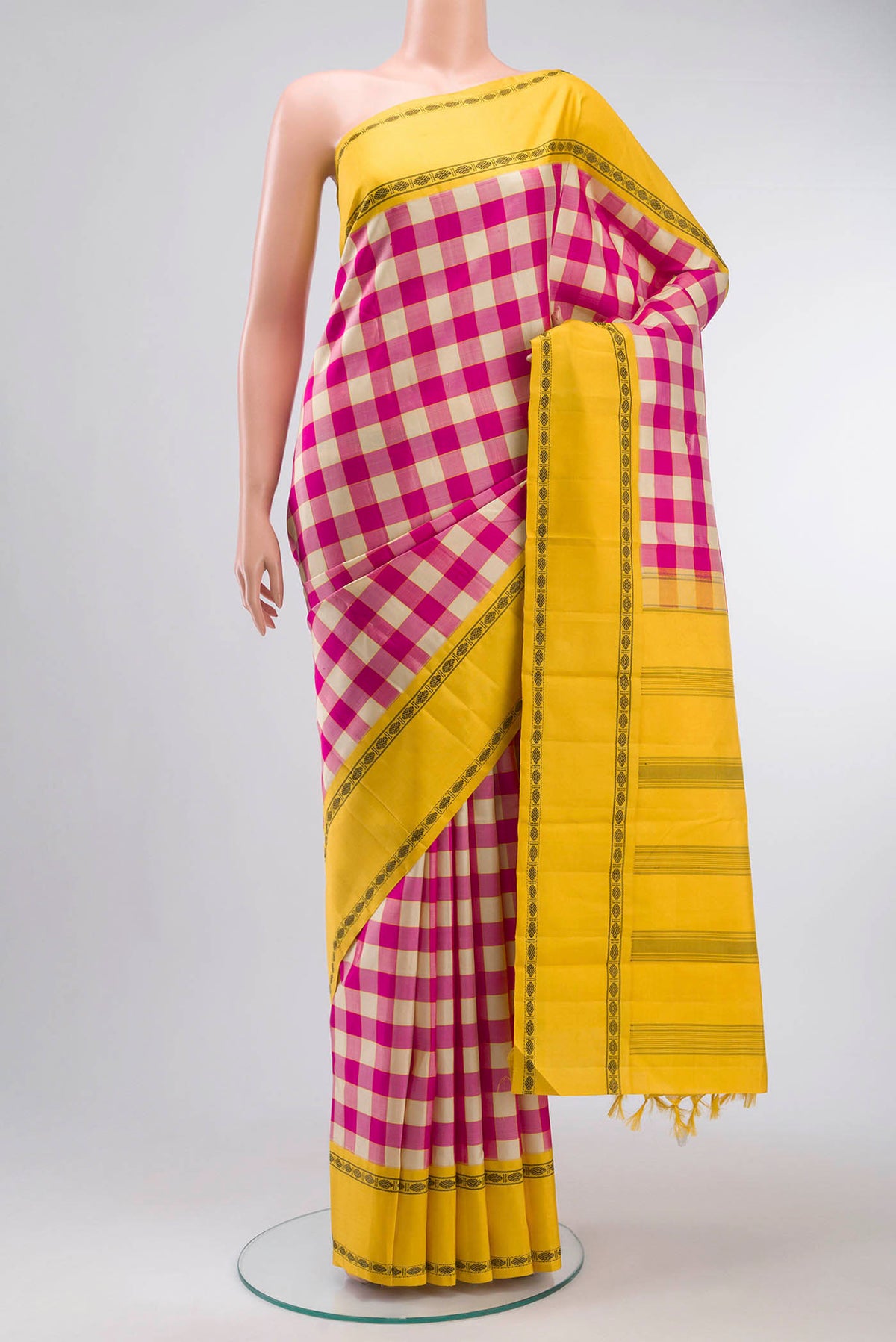 Multi Color Kanchipuram Silk Saree with Checked design on the body and Thread Border displayed on a mannequin