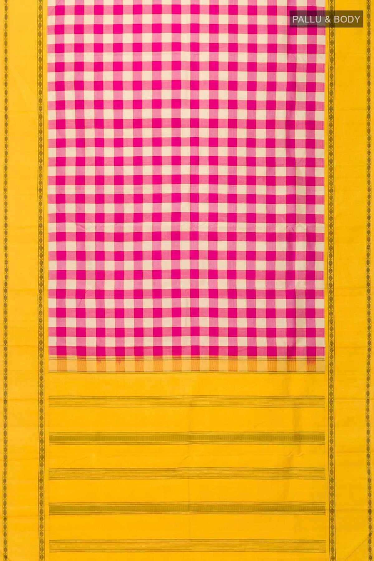 Flat view of Multi Color Kanchipuram Silk Saree with Checked design on the body and Thread Border