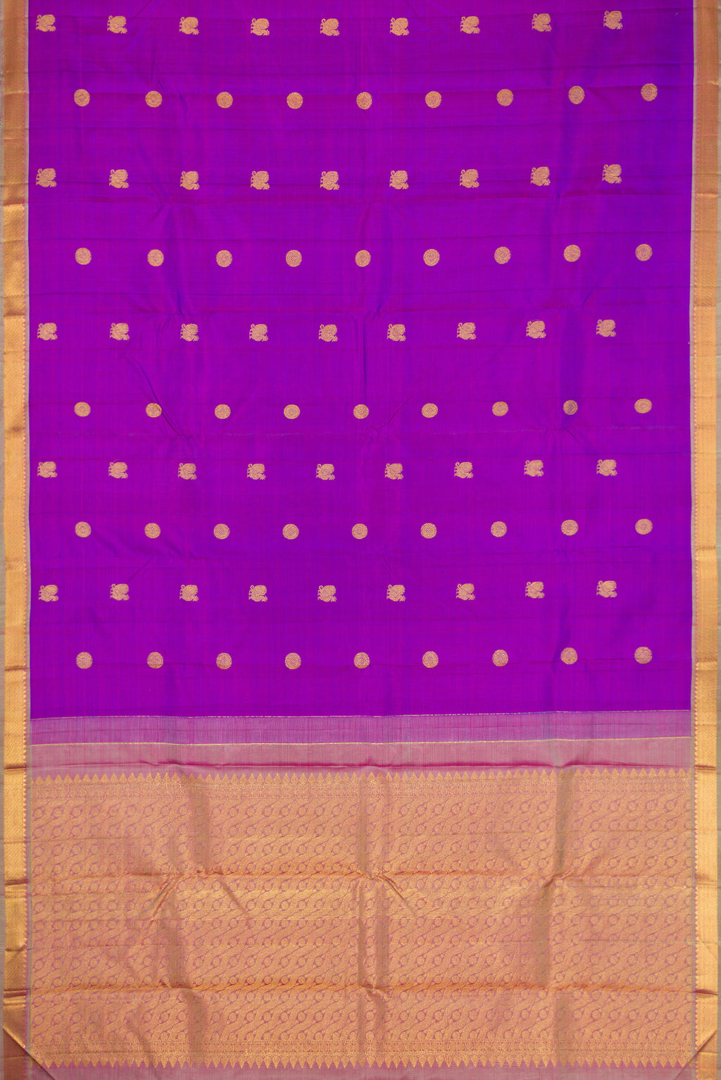 Flat view of Purple Dual Tone Kanchipuram Silk Saree with Zari Butta on the body and Zari Border. 