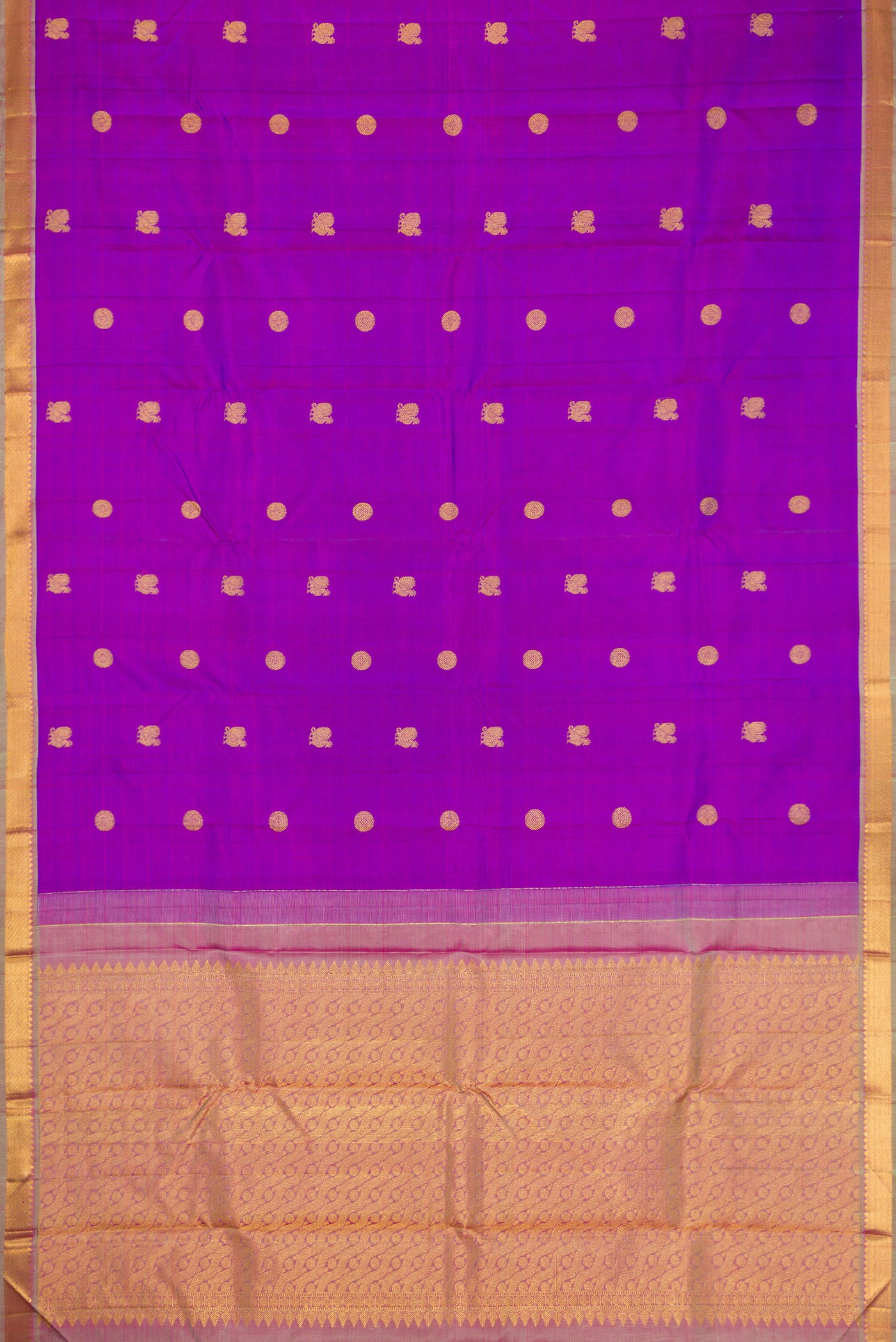 Flat view of Purple Dual Tone Kanchipuram Silk Saree with Zari Butta on the body and Zari Border. 