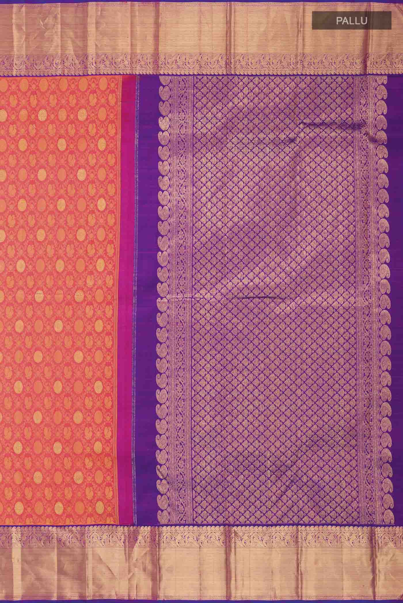 Close up image of the pallu of Pink Kanchipuram Silk Saree with Jacquard With Zari Butta on the body and Zari Border