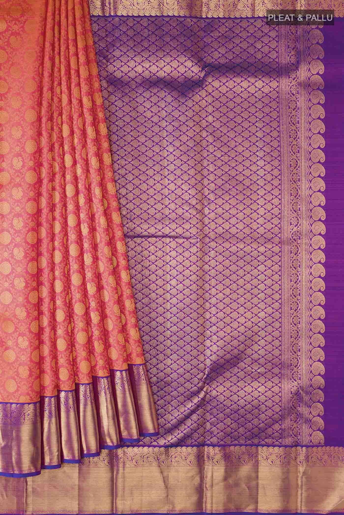 Pleats and pallu of Pink Kanchipuram Silk Saree with Jacquard With Zari Butta on the body and Zari Border
