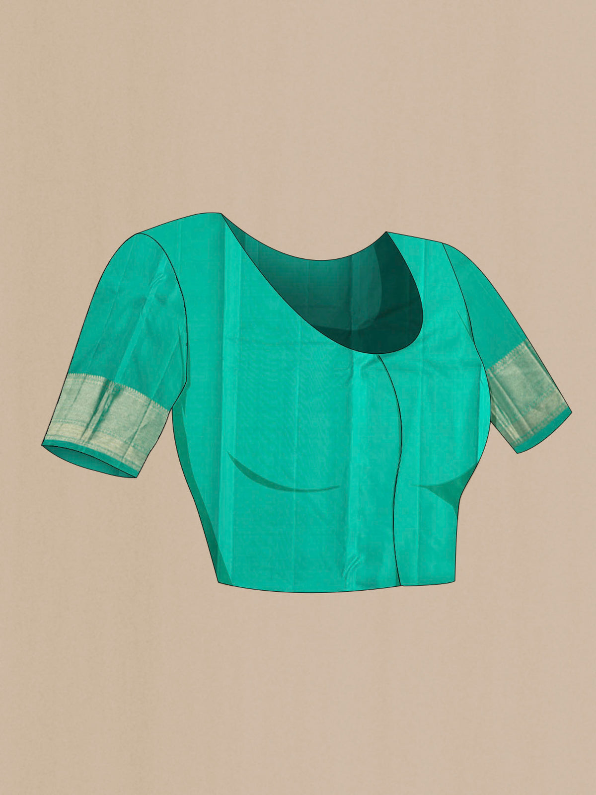 Close up image of the blouse of Turquoise Kanchipuram Silk Saree with Zari And Thread Butta on the body and Zari Border