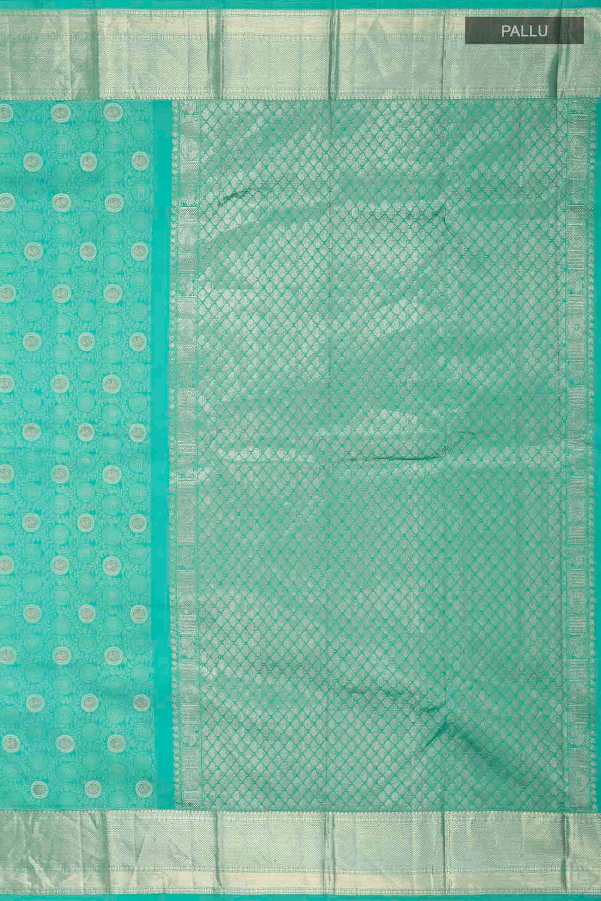 Close up image of the pallu of Turquoise Kanchipuram Silk Saree with Zari And Thread Butta on the body and Zari Border