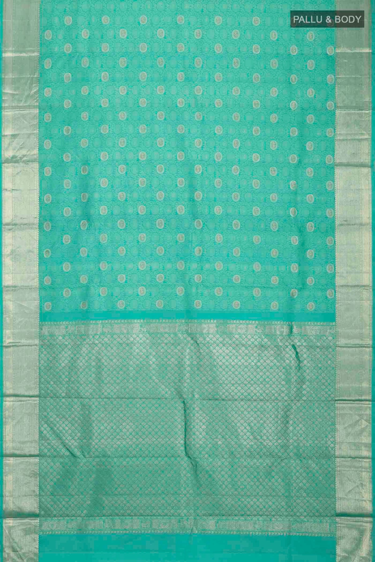 Flat view of Turquoise Kanchipuram Silk Saree with Zari And Thread Butta on the body and Zari Border