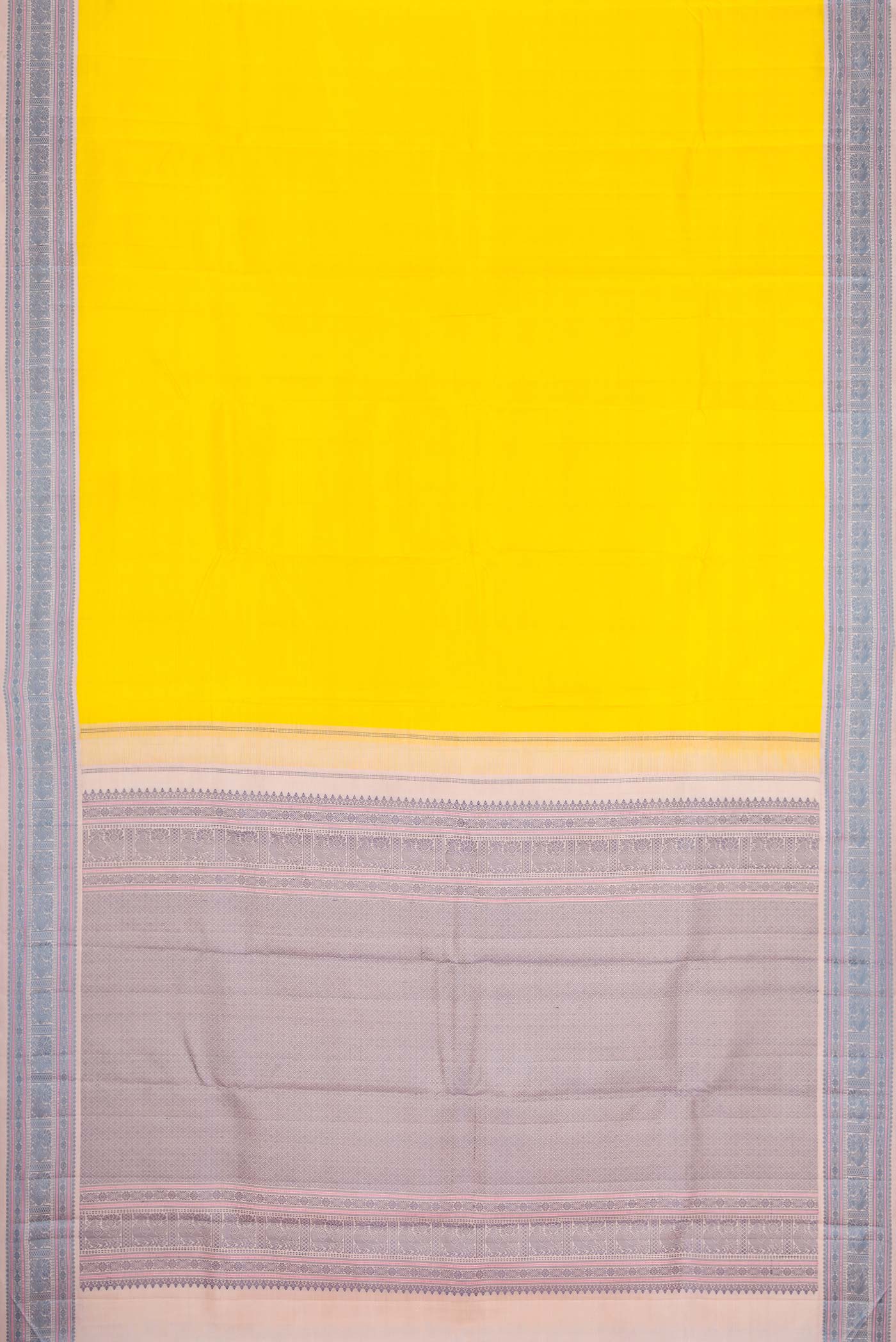 Flat view of Yellow Kanchipuram Silk Saree with Plain Body and Thread Border