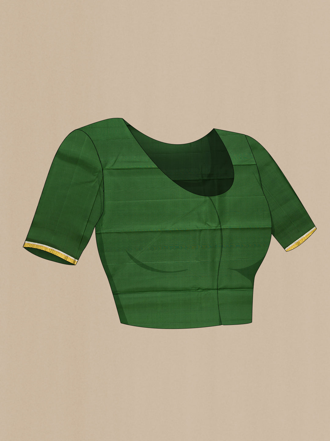 Close up image of the blouse of Bottle Green Dual Tone Soft Silk Saree with Plain Body and Zari Border. 