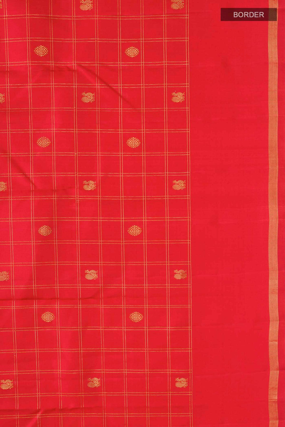 Border image of Red Kanchipuram Silk Saree with Zari Butta on the body and Zari Border