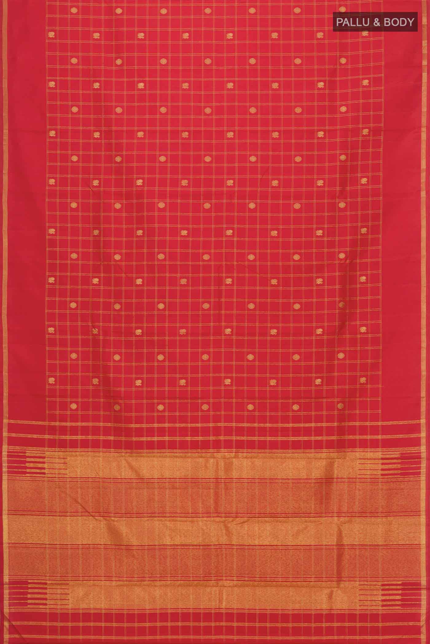 Flat view of Red Kanchipuram Silk Saree with Zari Butta on the body and Zari Border