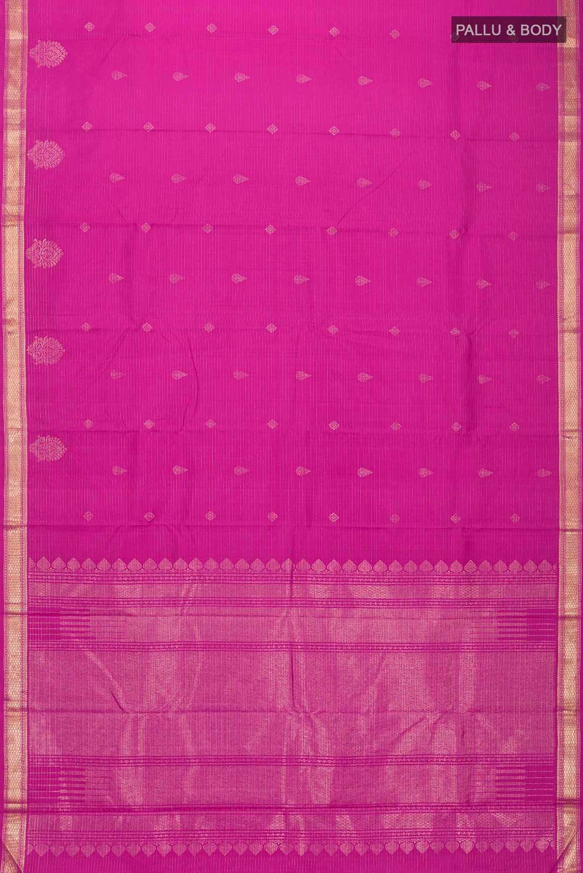 Flat view of Pink Kanchipuram Silk Saree with Zari Butta on the body and Zari Border