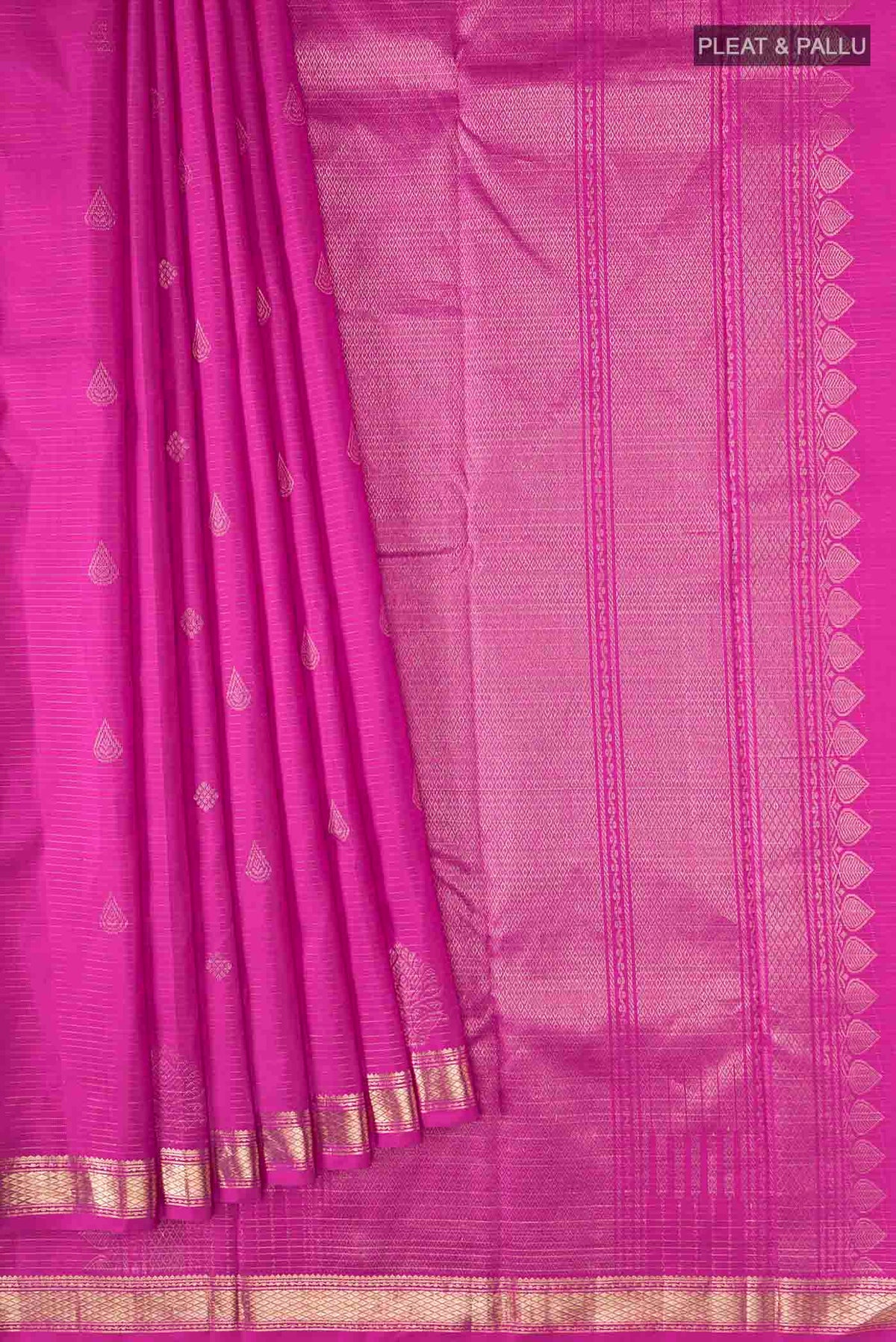 Pleats and pallu of Pink Kanchipuram Silk Saree with Zari Butta on the body and Zari Border