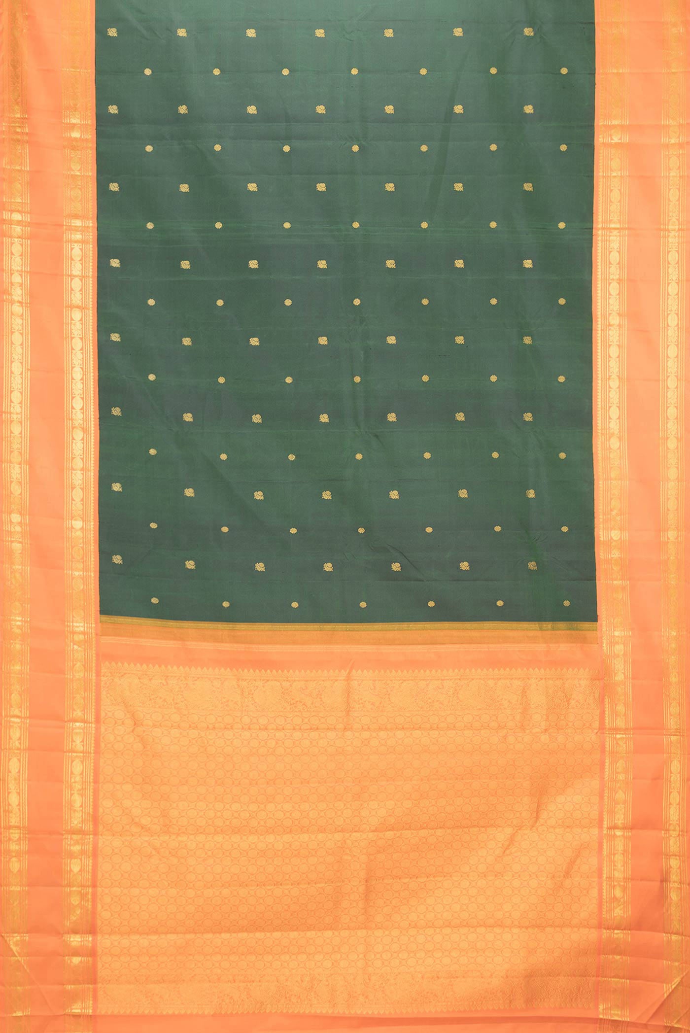 Flat view of Green Dual Tone Kanchipuram Saree with Zari Butta on the body and Zari Border