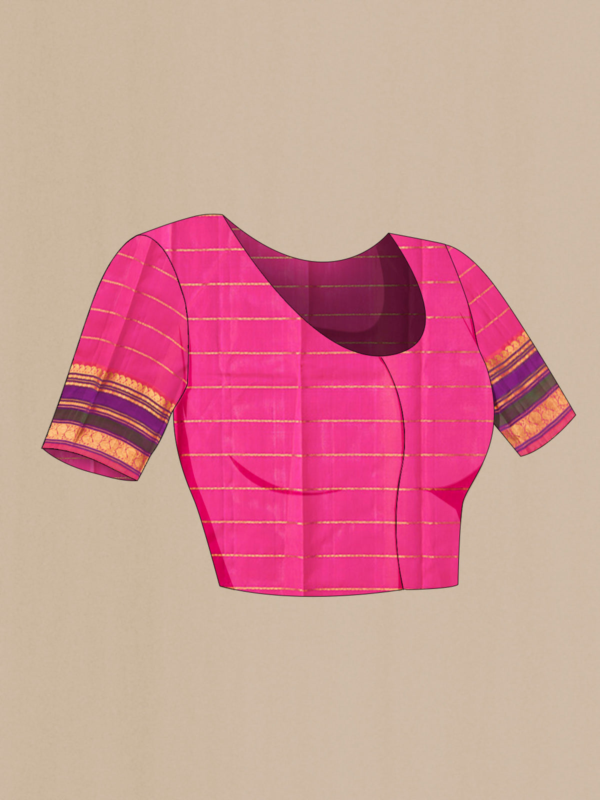 Close up image of the blouse of Magenta Kanchipuram Silk Saree with Veldhari on the body and Zari Border