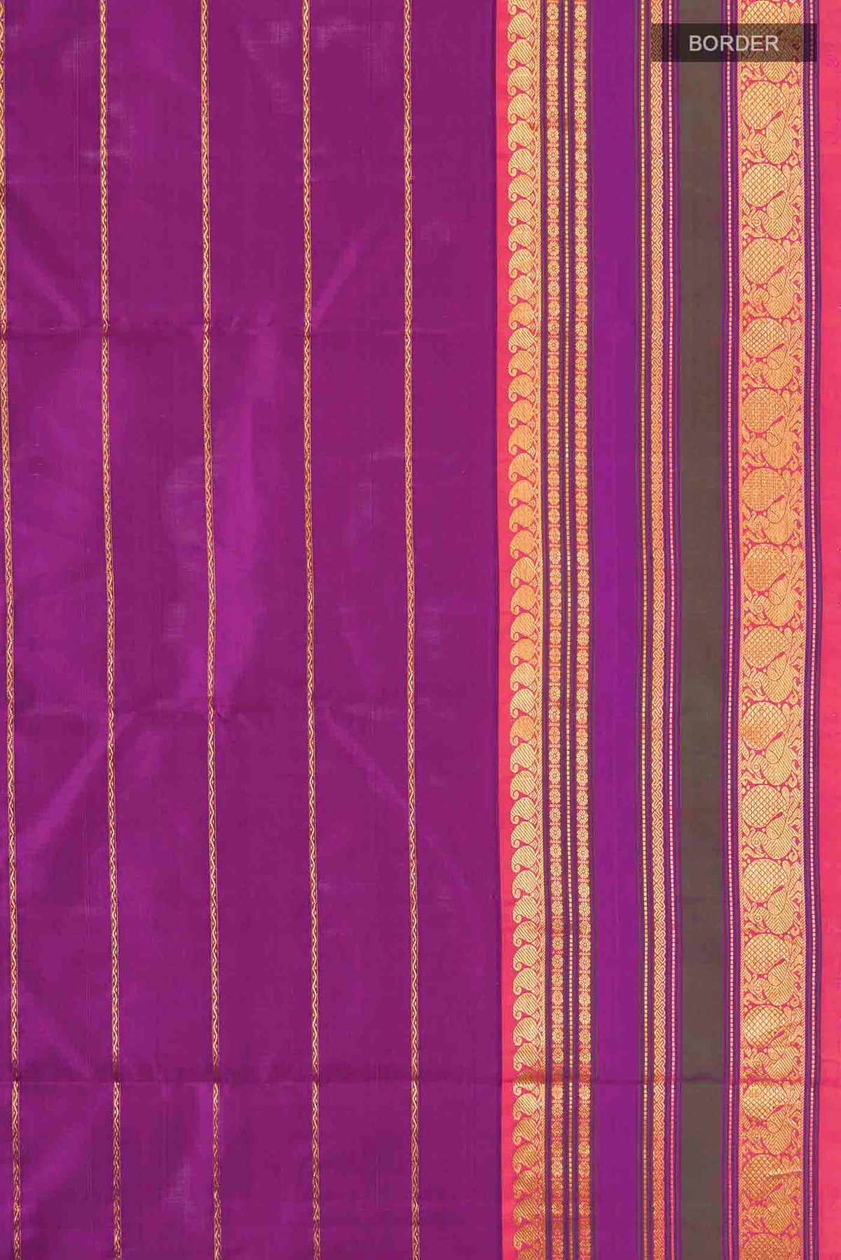 Border image of Magenta Kanchipuram Silk Saree with Veldhari on the body and Zari Border