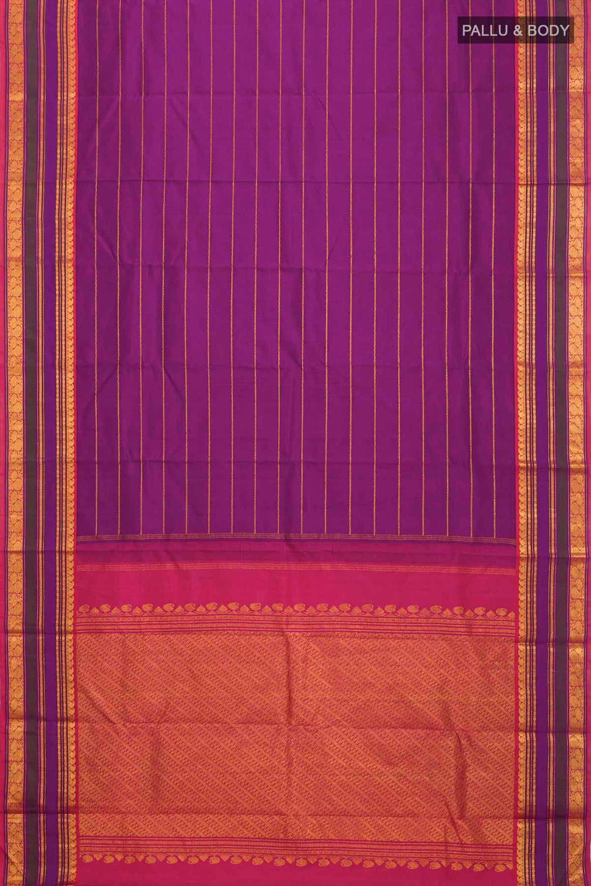 Flat view of Magenta Kanchipuram Silk Saree with Veldhari on the body and Zari Border