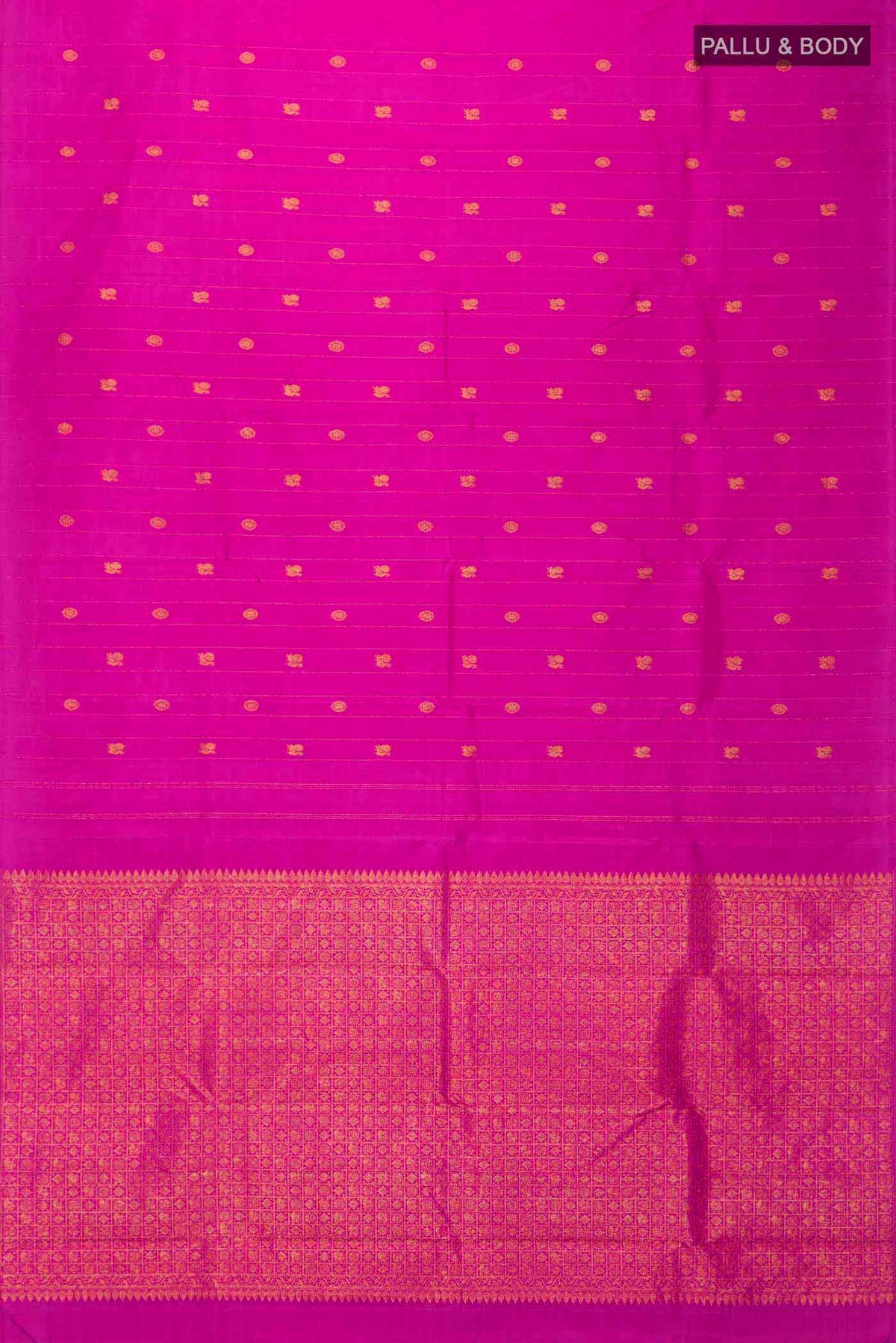 Flat view of Pink Kanchipuram Silk Saree with Zari Butta on the body and Without Border
