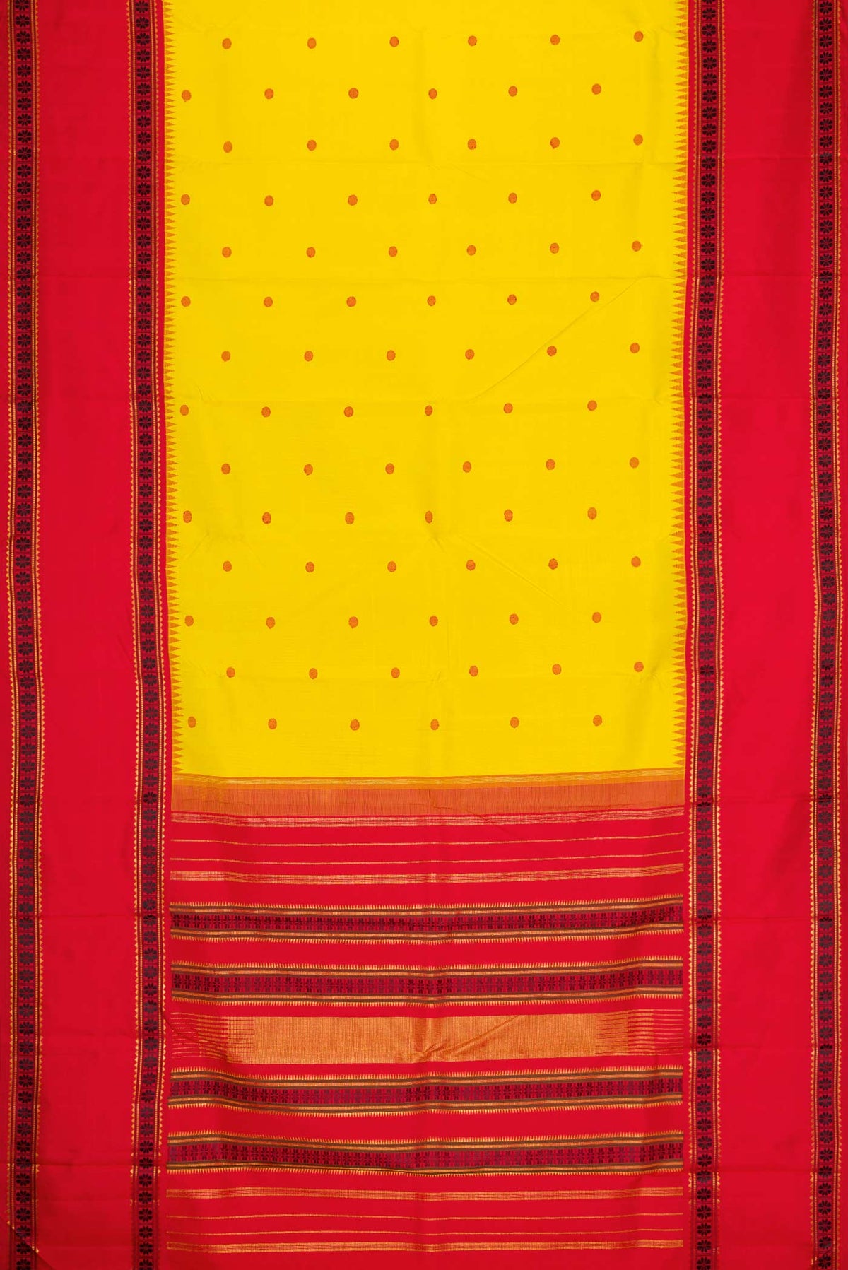 Flat view of Lemon Yellow Dual Tone Kanchipuram Silk Saree with Thread Butta on the body and Zari Border