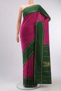 Multi Color Kanchipuram Silk Saree with Checked design on the body and Zari Border displayed on a mannequin