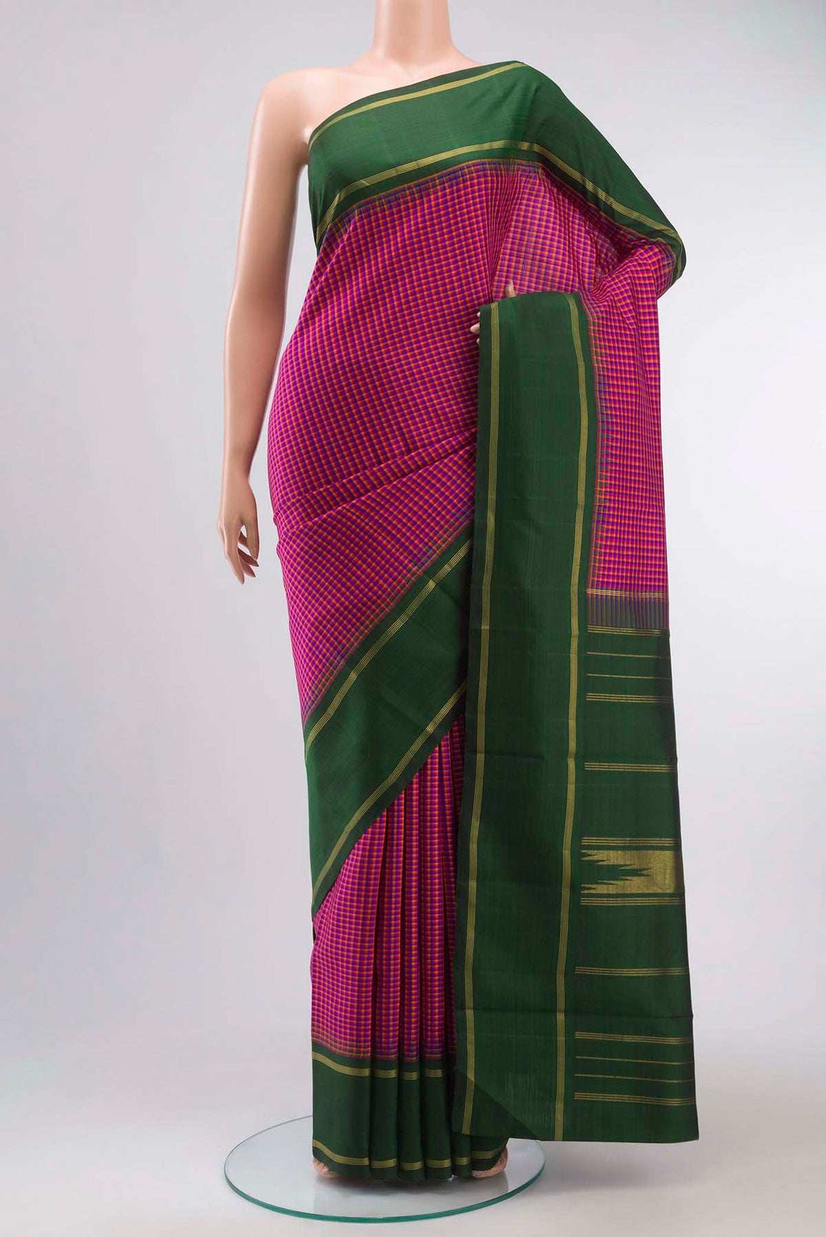 Multi Color Kanchipuram Silk Saree with Checked design on the body and Zari Border displayed on a mannequin