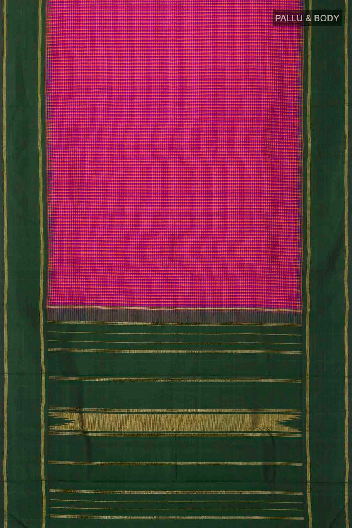 Flat view of Multi Color Kanchipuram Silk Saree with Checked design on the body and Zari Border