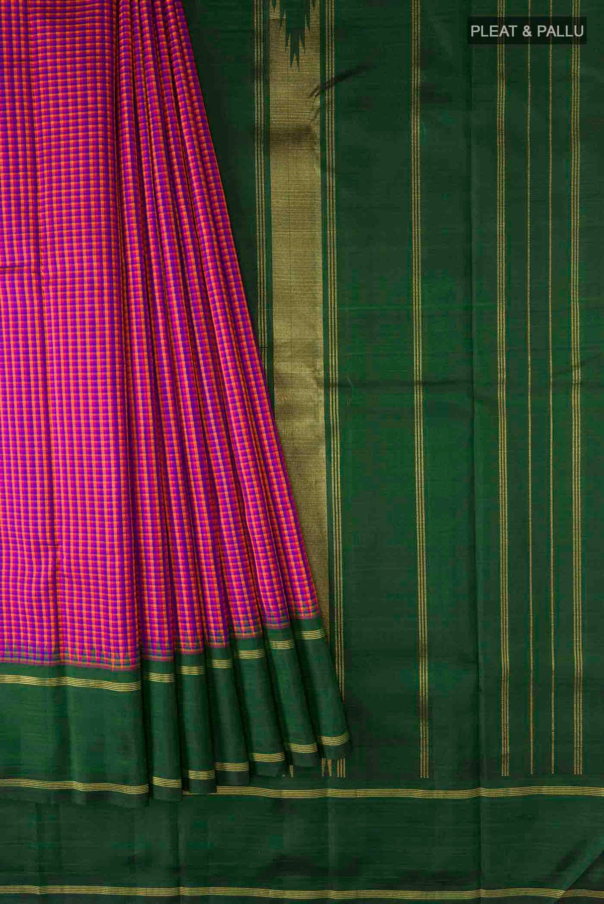 Pleats and pallu of Multi Color Kanchipuram Silk Saree with Checked design on the body and Zari Border