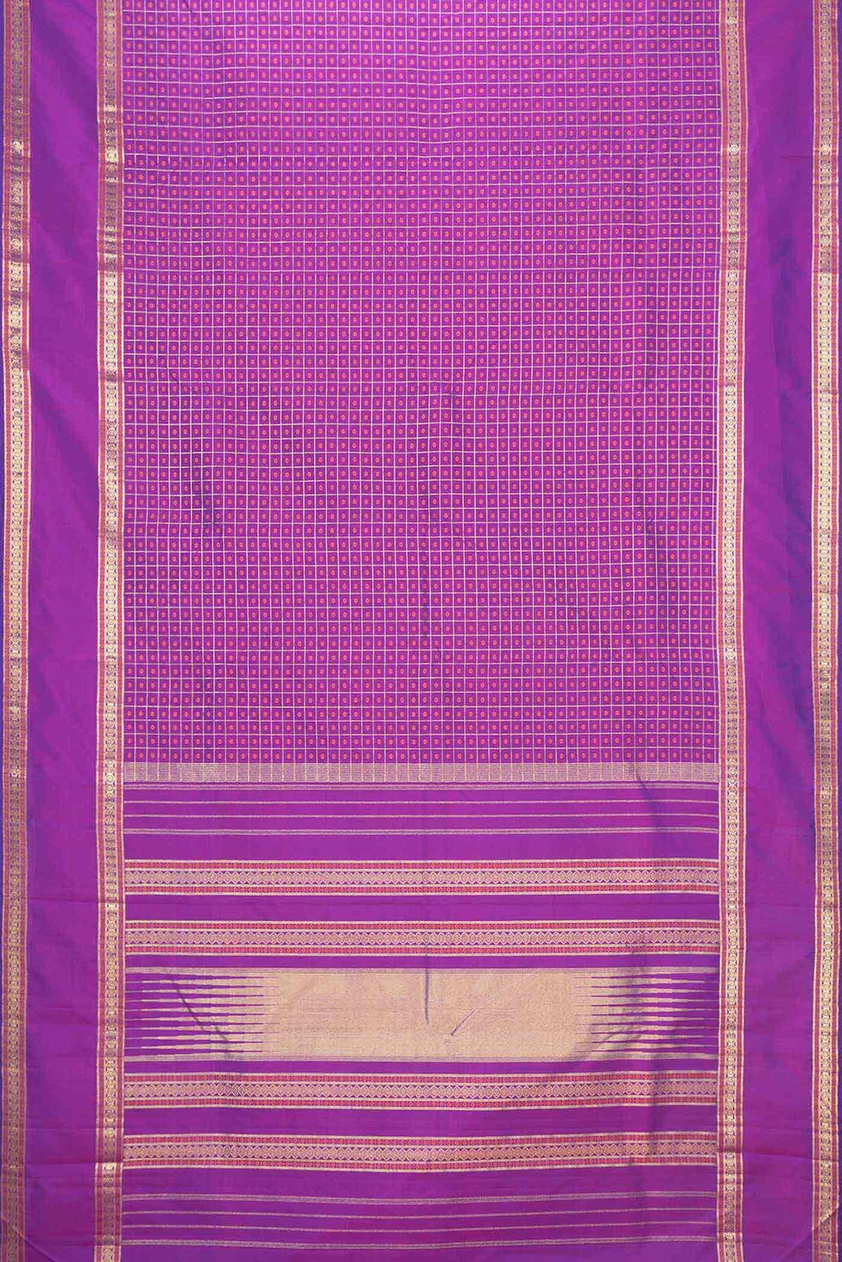 Flat view of Purple Dual Tone Kanchipuram Saree with Zari And Thread Butta on the body and Zari Border