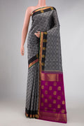 Grey Dual Tone Kanchipuram Silk Saree with Checked design on the body and Zari Border displayed on a mannequin