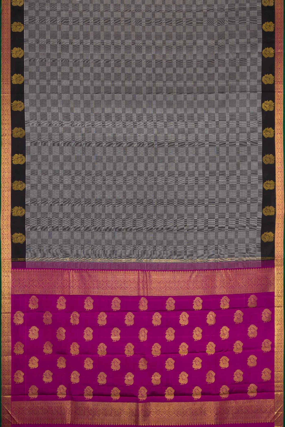 Flat view of Grey Dual Tone Kanchipuram Silk Saree with Checked design on the body and Zari Border